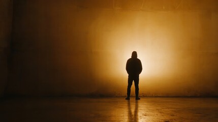Obraz premium A solitary figure stands against a glowing wall, creating a dramatic contrast and a sense of isolation in a dimly lit space.