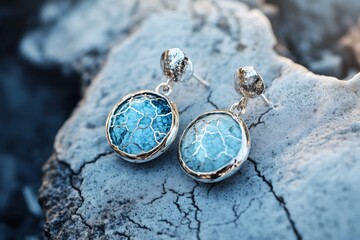 Silver earrings with light blue gemstones are displayed on a textured rock, showcasing their unique design and craftsmanship