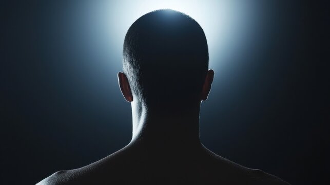 A silhouetted figure stands against a bright light, creating a dramatic contrast that emphasizes the contours and shape of the head and shoulders.