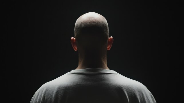A silhouette of a bald man facing away, surrounded by darkness, evoking mystery and introspection.