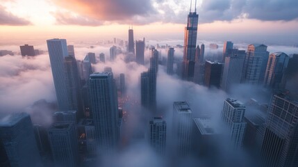Fototapeta premium Aerial view of a majestic cityscape enshrouded in a mystical fog at sunrise