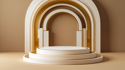 Elegant three-tiered display stand, a sophisticated minimalist structure with golden arches and a creamy off-white platform, perfect for showcasing luxury products against a warm neutral background.