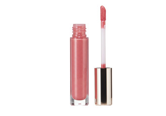 Hydrating lip gloss in clear tube with doe-foot applicator isolated on white background