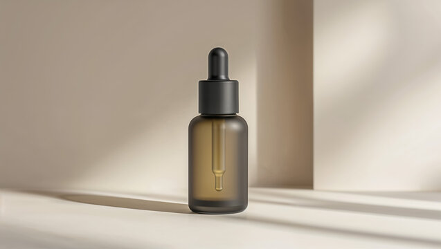 Amber serum bottle, a minimalist beauty elixir promising youthful radiance, bathed in soft sunlight against a neutral backdrop.