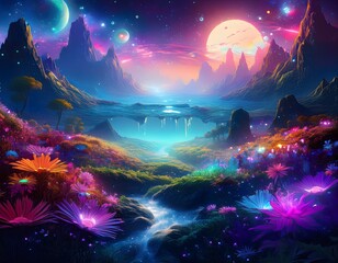 Obraz premium Glowing flowers blooming in fantasy alien landscape with waterfall