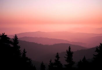 Fototapeta premium Pink Sunset Over Misty Mountain Forest
