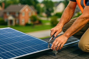 Person installing a solar panel on a residential rooftop in a suburban neighborhood, focusing on renewable energy and sustainability.