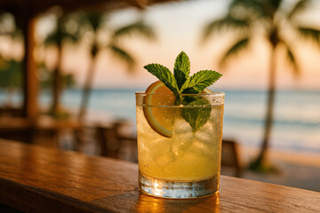 Refreshing cocktail with lime and mint on a beachside bar during sunset, palm trees in the background.