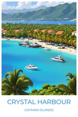 Crystal harbour Cayman islands Travel Poster Flat Illustration Print Decor Gift Canvas Wall Art Gift