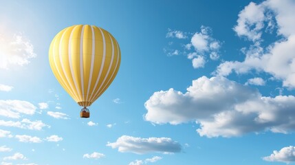 Fototapeta premium A vibrant yellow hot air balloon floats in a clear blue sky, surrounded by fluffy white clouds, creating a serene and adventurous atmosphere.