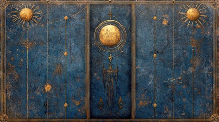 A beautifully detailed artwork featuring celestial motifs, including a large sun and moon, set against a textured blue background.