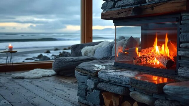 Cozy living space with a fireplace and ocean view during sunset at a beach house