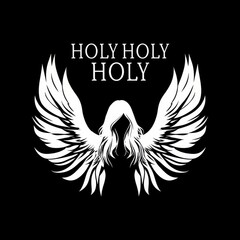Holy angel in grayscale artwork with wings and gown, Christian spiritual symbol of worship and glory
