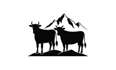 Two alpine cow vector silhouette, two alpine cow vector hand drawn engraving style illustration 