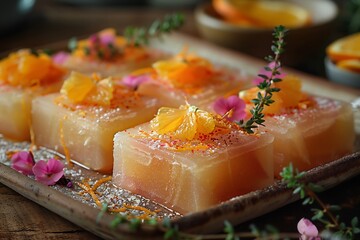 Orange Barfi plated in gradient cube slices, infused with orange zest and topped with candied peel