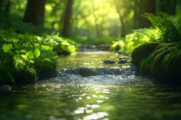 Fototapeta premium A gentle stream flowing through a lush, green forest, the water clear and sparkling in the dappled sunlight, creating a peaceful and serene natural scene