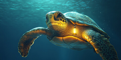 Obraz premium Turtle with a Tiny Glowing Lantern, Guiding Lost Travelers Through the Mystical Sea for Dreamlike Fantasy, Guiding Light, and Enchanted Journeys