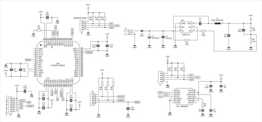 Schematic diagram of digital electronic device 
on paper sheet. Vector drawing electrical circuit with 
integrated circuit, cpu, connector, led indicator,  
capacitor, resistor, other components.