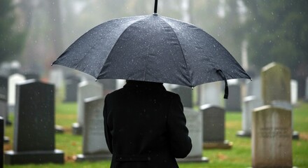 Person holding umbrella in cemetery during rain
