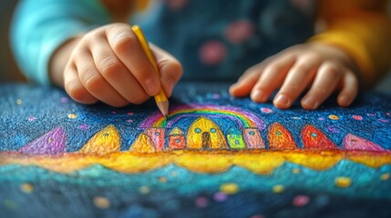 A child's hand skillfully colors a bright scene of cheerful houses under a vivid rainbow, expressing imaginative talent