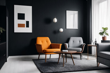 Fototapeta premium Comfortable interior with black walls and leather furniture in bright colors
