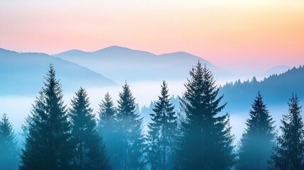 Fototapeta premium Misty sunrise over fog-covered mountain peaks with tall pine trees in foreground, soft pastel hues of pink, orange, and light blue blending into serene ethereal atmosphere. 