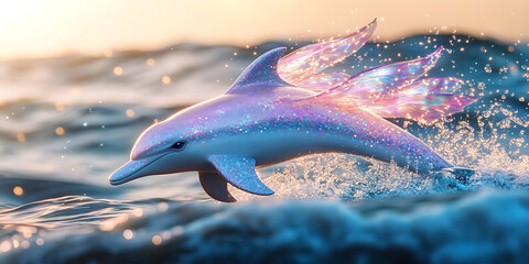 Fototapeta premium Pastel Dolphin Riding a Gentle Wave Background for Ocean-Themed Art, Fantasy Illustrations, or Marine Decor
