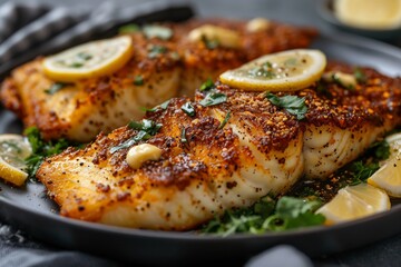 Pakistani Fried Fish fillets plated with lemon slice, garlic aioli dots and tamarind smear on