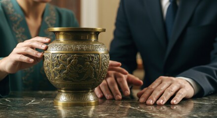 People admiring antique vase on marble table