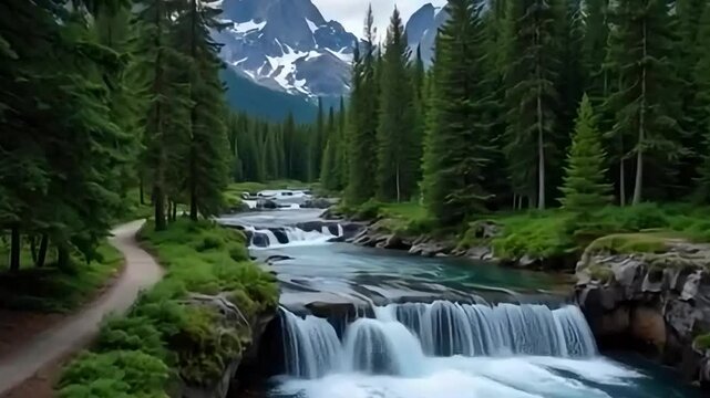A walk through a pine forest with a view of a wild river and mountains