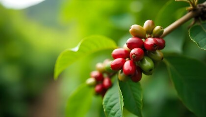 Fototapeta premium Close-up shot of coffee plants with red and green coffee beans, vibrant green leaves, and a blurred background