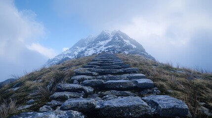 A winding stone pathway leads up a mountain, surrounded by mist and snow, creating a serene and adventurous atmosphere.