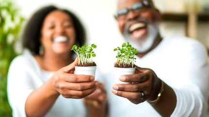 Joyful couple sharing their gardening success with tiny plants in small pots during a sunny afternoon at home