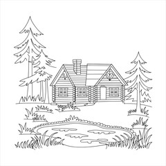 Winter village house sketch in snowy forest, village landscape with trees and houses coloring book