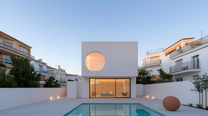Modern White House with Pool and Circular Window Evening Landscape