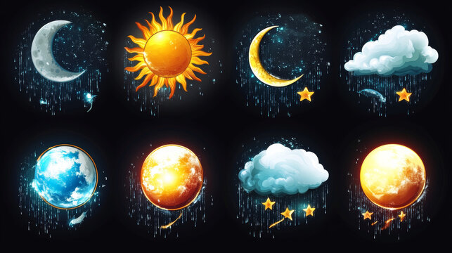 Weather meteo icons realistic set vector illustration. Elements for weather forecast, clouds with snow and rain, different phases or stages of solar and lunar eclipses isolated on black background