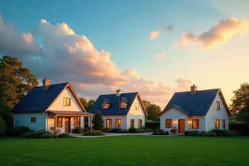 Serene Suburban Sunset Three Charming Homes Bask in the Golden Hour's Embrace