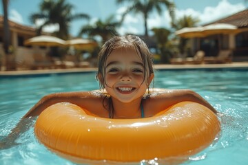Smiling girl enjoying swimming in a pool with an orange float during sunny day in a tropical resort