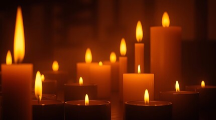 3D render in a strong moody style depicting warm candle lights, flickering flames, warm glow, and low contrast, showcasing miscellaneous creative concepts