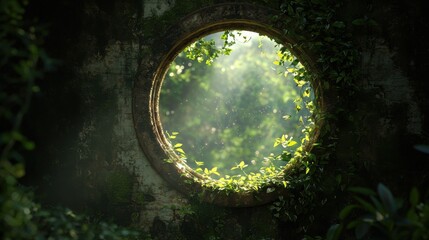 A circular frame reveals a lush, green landscape, illuminated by soft sunlight filtering through leaves, creating a serene and tranquil atmosphere.