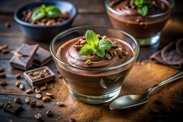 A rich, airy dark chocolate mousse served in simple glass cup, its surface smooth and glossy. A sprinkle of raw cacao nibs and fresh mint leaf add contrast. The background is moody and softly blurred