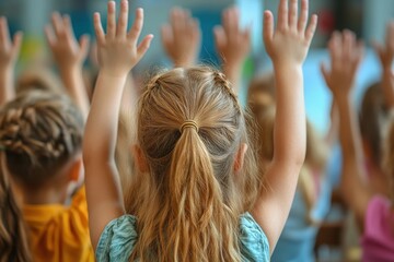 Children raising hands during class in a bright classroom filled with eager learners