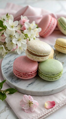 An elegant arrangement of pastel-colored macarons in flavors like pistachio, raspberry, and vanilla, placed on a marble plate. The background is soft and dreamy, highlighting the delicate texture
