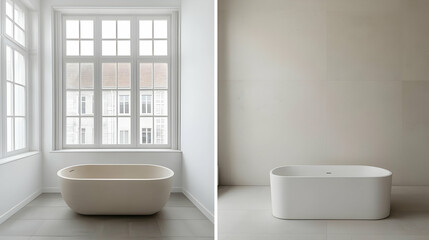Fototapeta premium Cream Bathtub In Modern Minimalist Bathroom With City View