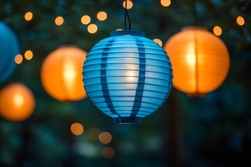 Obraz premium Colorful lanterns illuminate a festive gathering at dusk in a garden