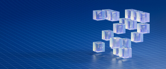Abstract concept of data cube, data exploration, data mining, data cube. Some glass cubes arranged in a cube form on blue scale paper background.