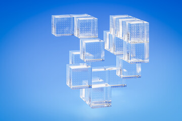 Abstract concept of data cube, data exploration, data mining, data cube. Some glass cubes arranged in a cube form on blue background.