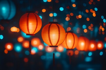 Obraz premium Bright orange lanterns hang above a lively market street, creating a warm glow amidst a backdrop of blurred colorful lights