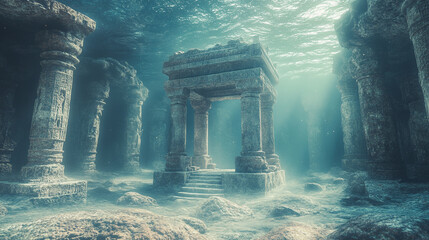 Underwater ruins with stone pillars and archways bathed in ethereal light and submerged in the ocean depths.