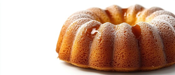 Delicious bundt cake with powdered sugar and glaze on a white background in a bright studio shot